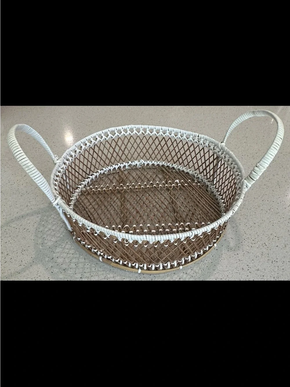 Handwoven White and Natural Round Wicker Basket with Handles